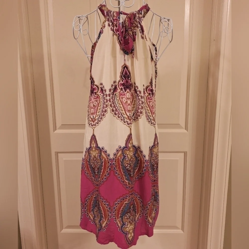 Paisley Print A-Line Swing Halter Dress MultiColor Pink Ivory Blue - Picture 3 of 6